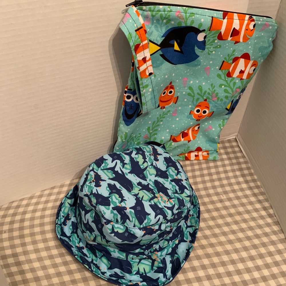 Joe fresh toddler sun bucket hat. Jawesome with sharks with fish bag